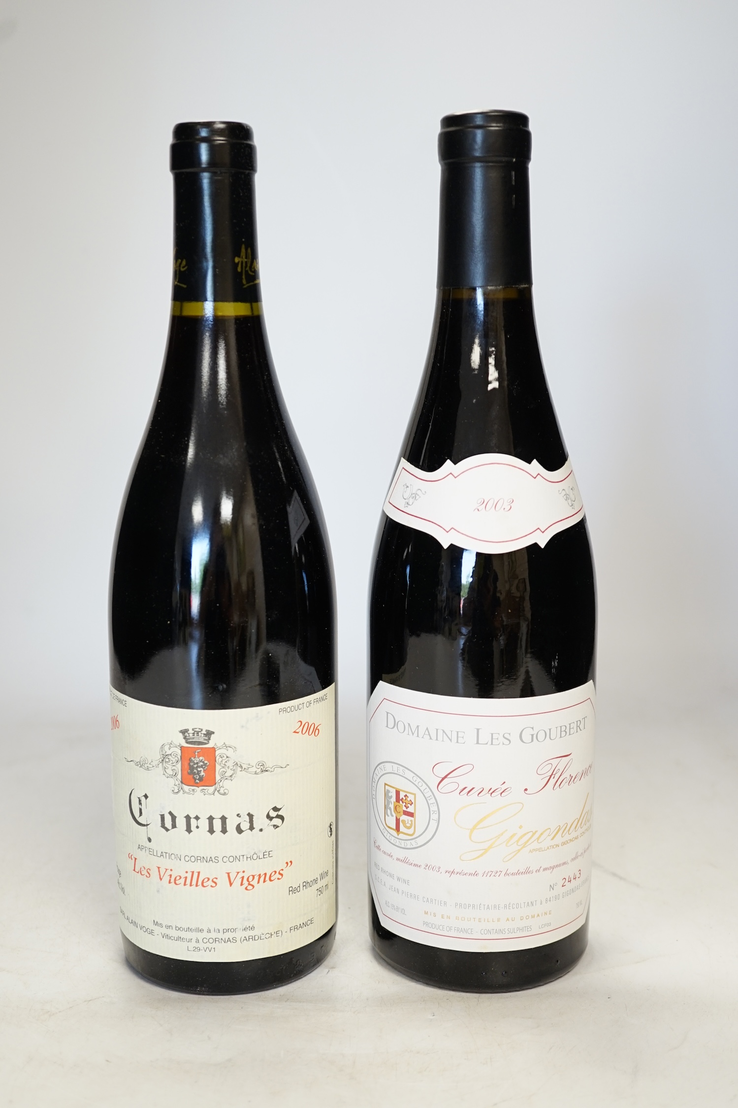 Twelve bottles of wine to include six bottles of Domaine Les Goubert Cuvee Florence Gigondas 2003, and six bottles of Cornas Les Vieilles Vignes 2006. Condition - fair to good, storage history unknown, some wear to the l